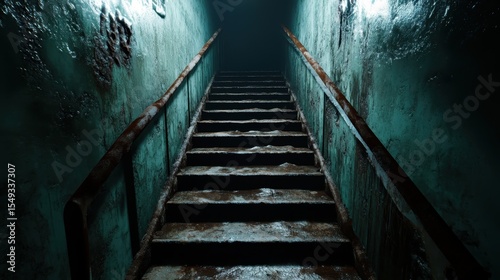An unsettling perspective of a dimly lit staircase in an abandoned space reveals rust and decay, evoking a feeling of mystery and intrigue in the atmosphere.