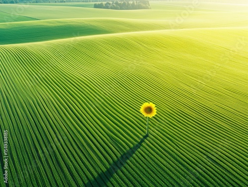Lone Sunflower Standing Tall in Vast Green Agricultural Field