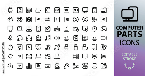 Computer parts icons set. Set of pc hardware, cpu, motherboard, gpu, ssd, hdd, mouse, keyboard, flash drive, pc cooler, usb cable, computer accessories vector icon with editable stroke