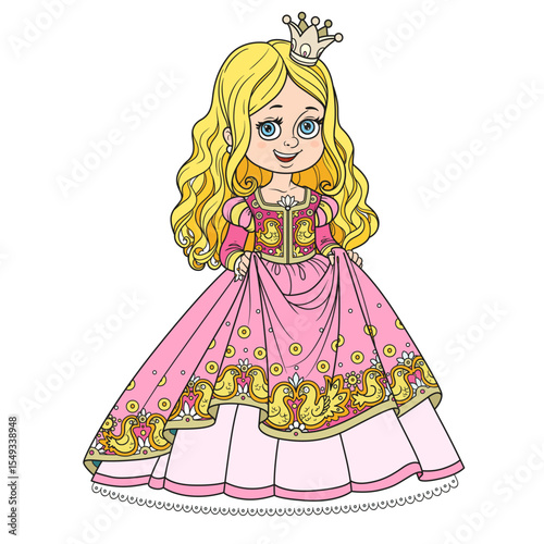 Beautiful little blond princess in ball dress decorated pattern with birds isolated on white background