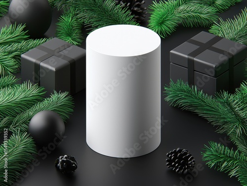 Minimalist White Cylinder Surrounded by Holiday Decor Elements