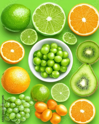 Fresh Citrus and Green Fruits Arranged on Vibrant Green Background
