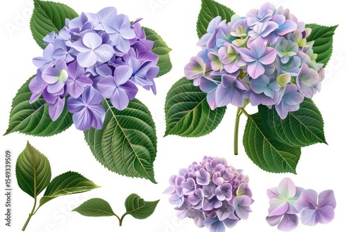 Ultra Quality Image of Set of Hydrangeas with Bushy Leaves Isolated on Transparent Background