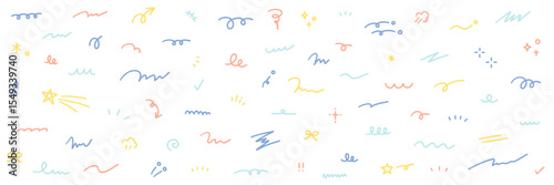 手書きの集中線や矢印などのあしらいのベクターイラストセット。手描き、落書き、飾り、やじるし
