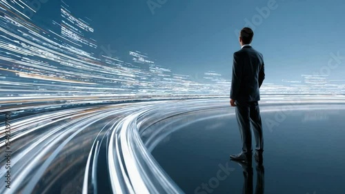 Visionary Outlook: A business professional gazes out towards a dynamic, futuristic landscape, a symbol of ambition and the power of forward-thinking strategies. 