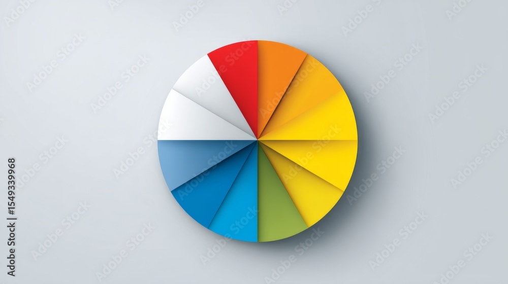 Obraz premium Colorful pie chart on a plain white background, segmented in bold colors with a shadow effect for a clean and visually appealing presentation