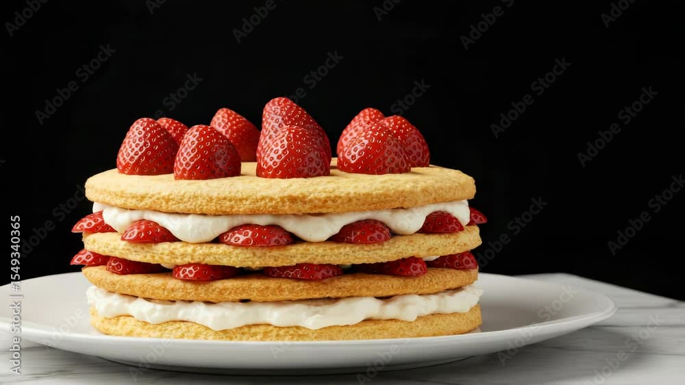 Layered strawberry cake with whipped cream