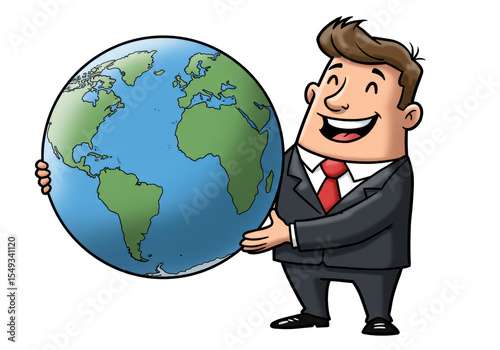 Isolated Cartoon Man Hugging Earth Globe with Enthusiasm
