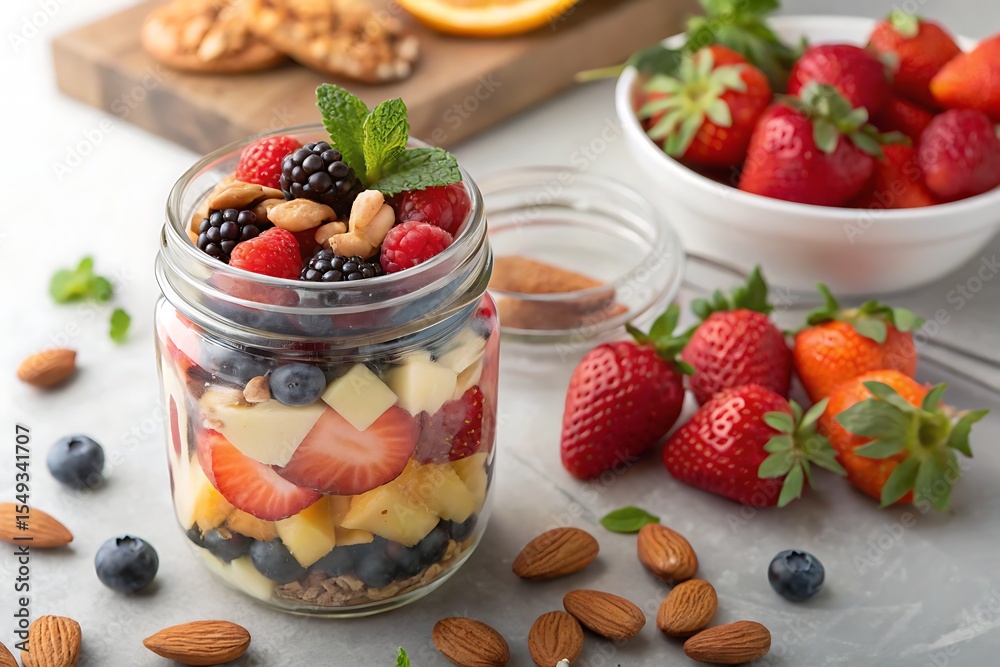 Healthy layered fruit salad parfait in a jar Healthy layered fruit salad parfait in a jar