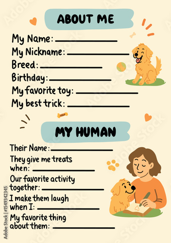 Cute dog journal page for kids to fill out about their pet and owner, with playful drawings and prompts.