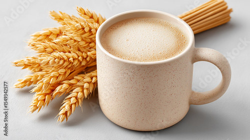 A ceramic mug filled with a creamy, light-colored beverage, possibly oat milk or a latte. A small bundle of dried wheat stalks, tied together with twine,  background is a light grey.