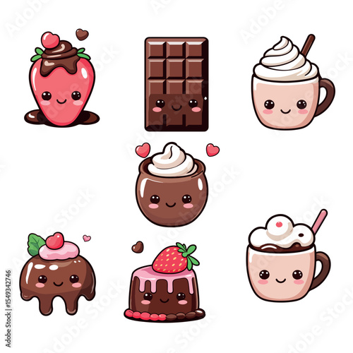 Cute Kawaii Chocolate Vector Illustration Set - Cakes, Strawberries, Cups
