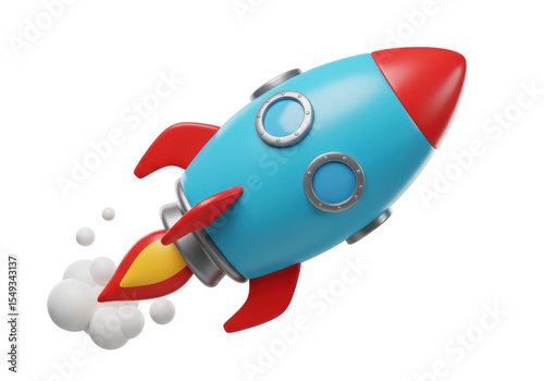 Isolated Cartoon Rocket Ship Taking Off with Smoke