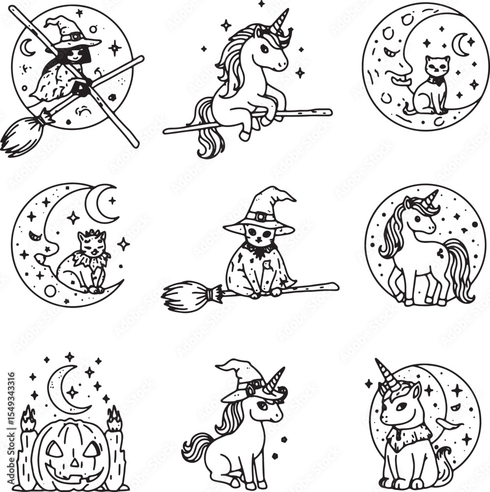 Naklejka premium Enchanted Halloween & Unicorn Illustrations Cute Witch, Cat, and Magical Pony Designs