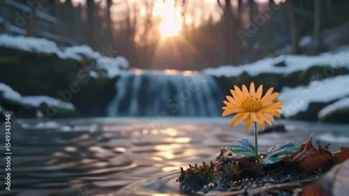 A single vibrant orange flower stands near a small waterfall and stream in a wintry landscape