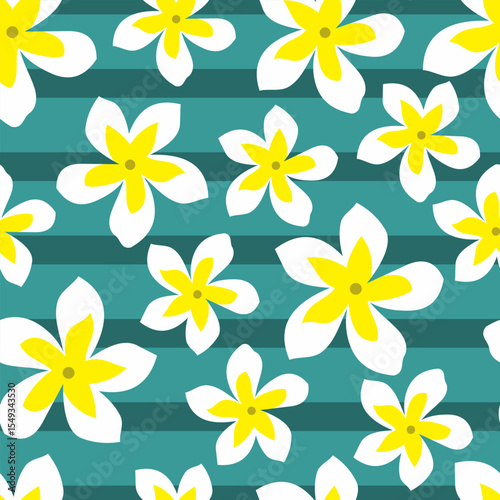A seamless floral pattern featuring stylized white and yellow plumeria (frangipani) flowers scattered across a teal striped background