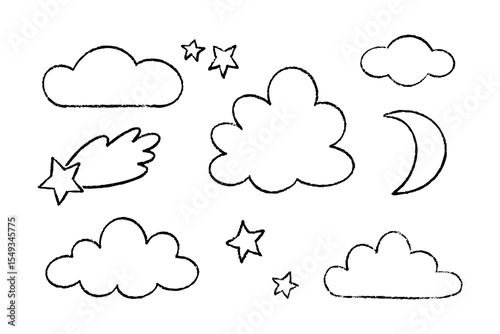 Set of cute childish hand drawn clouds, moon and stars black outline vector icons with chalk, crayon or pencil texture isolated on white background.