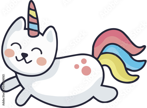 Cute cartoon caticorn with rainbow horn and tail isolated on transparent background