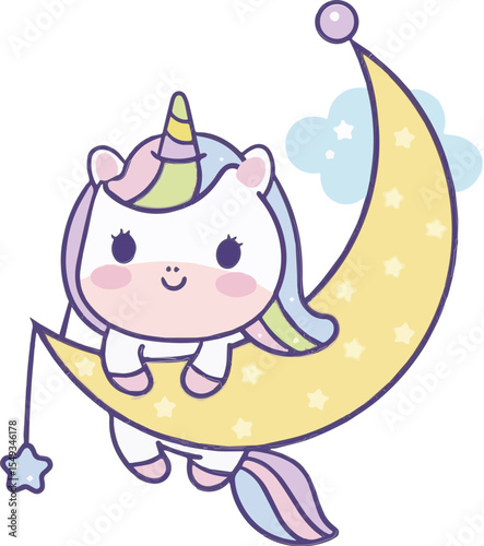 Cute cartoon unicorn sitting on the moon isolated on transparent background