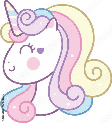 Cute cartoon unicorn face with pastel rainbow mane isolated on transparent background