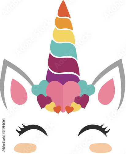 Unicorn face with heart crown isolated on transparent background