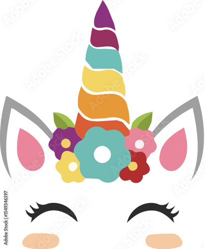 Unicorn face with floral crown isolated on transparent background