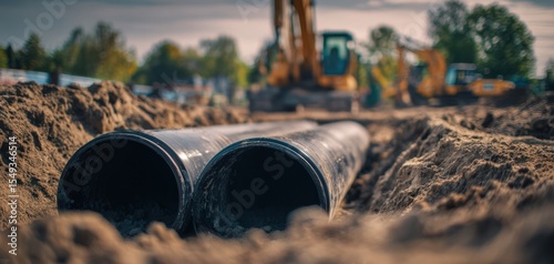 The construction site featuring large pipes and heavy machinery at work.