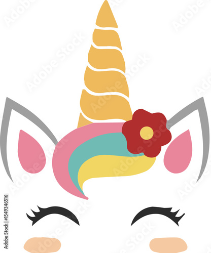 Cartoon unicorn face with flower isolated on transparent background