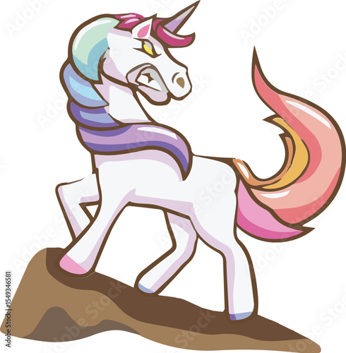 Angry unicorn standing on a hill isolated on transparent background