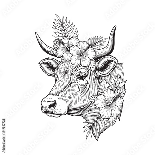 Vector illustration of a cow head adorned with tropical flowers and leaves. Farm animals.