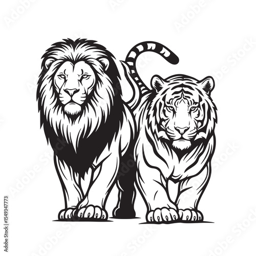 Vector illustration of powerful lion and tiger standing side by side, Wildlife Animals.