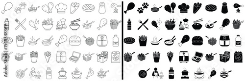 Culinary Array: A symmetrical arrangement of culinary icons and illustrations. Detailed depictions of food items, cooking tools, and ingredients, creating a balanced visual narrative
