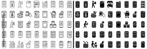 Canned Food Icon Collection: A comprehensive set of hand-drawn icons representing various canned food products and related elements, perfect for use in culinary, food, and e-commerce applications. 