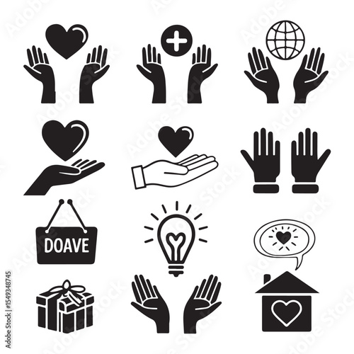 Charity and Care Icon Set Hands, Hearts, Help, and Hope Symbols
