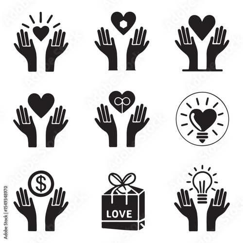Charity and Care Icon Set Hands, Hearts, Help, and Hope Symbols