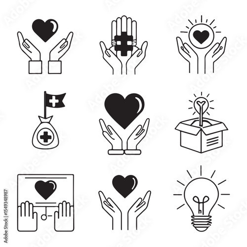 Charity and Care Icon Set Hands, Hearts, Help, and Hope Symbols