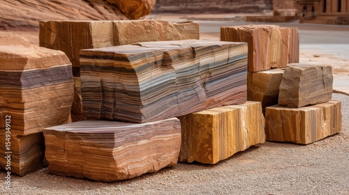 Weathered sandstone blocks with striated layers stacked in a desert environment under warm light