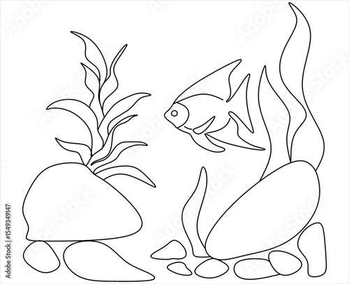 Line drawing of seabed with algae and fish.Vector illustration