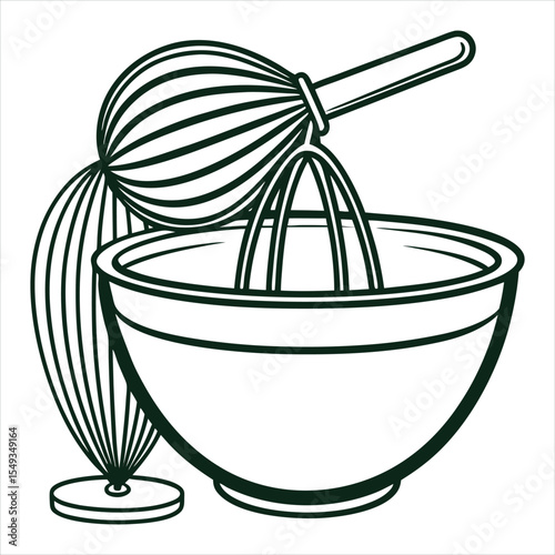 Whisk and mixing bowl line art illustration. Kitchen utensils are perfect for use in culinary branding, cooking blogs, recipe books, restaurant menus, food packaging, kitchenware labels, home decor.
