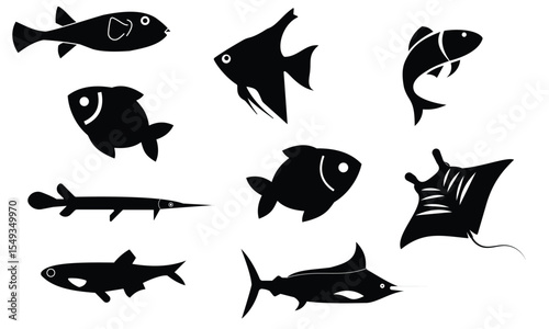 Fish vector icon set. Seafood or farm water animal Seafood, restaurant. Vector illustration.