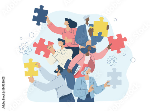 Business team building jigsaw puzzle, Business teamwork, People connecting puzzle pieces, Creating corporate business goals, Collaborative success problem solving approach. Vector flat design.