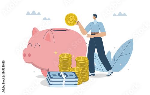 Saving and investment concept, Investing in future, Personal finance management and financial knowledge, Businessman putting coins into piggy bank, Flat design vector illustration.