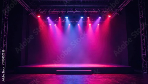Elevated stage view, complex lighting truss system, lighting, installation