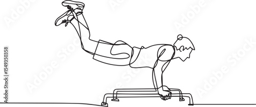 continuous single line drawing of a person doing push-up exercise on parallel bars in athletic wear against white background