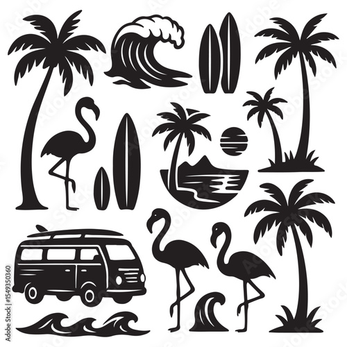 A tropical beach and surf-themed vector set with palm trees, waves, surfboards, a van, flamingos, and ocean elements vector