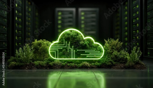 A vibrant green cloud symbol filled with lush foliage glows within a modern data center, symbolizing sustainable technology.