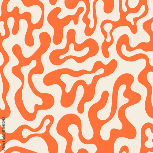 Seamless pattern with abstract silhouette organic shapes. Vector flat background in in retro 1970s style. Wavy liquid distorted shapes