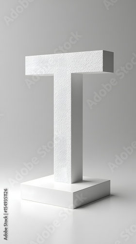 Minimalist 3D letter T white mesh hovering above clean plane