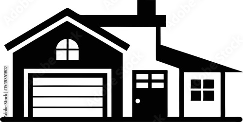 Home With Garage Silhouette Vector Illustration Black And White