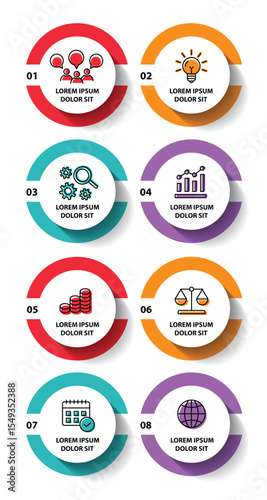 8 steps infographic template with 8 options. Flowchart that can be used for business report, data visualization and presentation. Timeline infographic elements vector illustration.